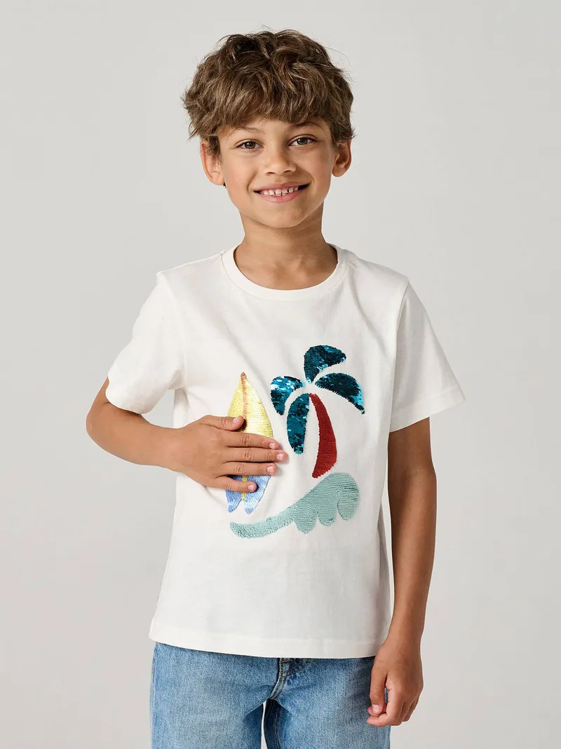 Vertbaudet Jungen T-Shirt mit Wende-Pailletten, Wollweiß, – Produktbild 2 von 3