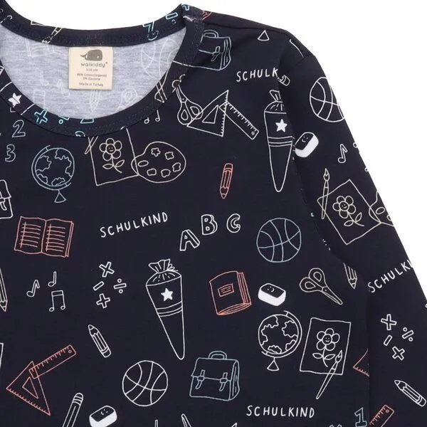 Walkiddy Kinder Langarmshirt GOTS zertifiziert, dunkelblau, „Schulanfang“ Allover, Bio-Baumwolle, weich – Walkiddy, Blau, – Produktbild 2 von 2