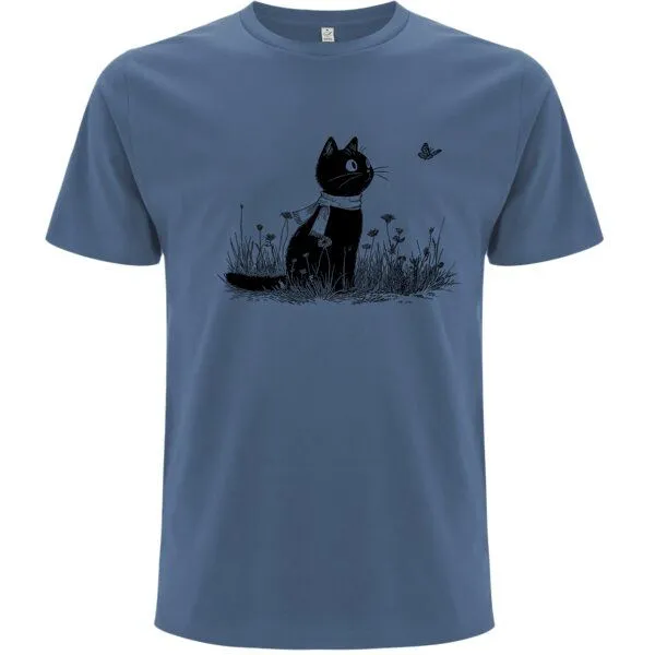 Spreecult Spreecult Katze und Schmetterling - Bio und Fair - Männer Unisex T-Shirt - Butterfly Cat, Blau, – Produktbild 1 von 2