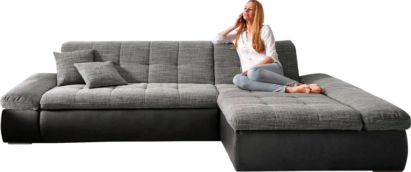 DOMO collection Ecksofa MORIC 300x172 cm, XXL-Sofa mit viel Platz, L-Form, auch in Cord, wahlweise mit Bettfunktion und Armteilverstellung. Schwarz-weiß-grau, Grau|schwarz, – Produktbild 8 von 8