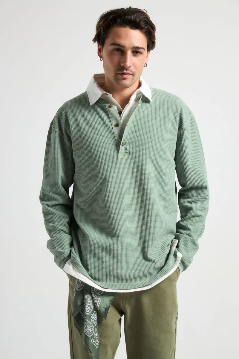 Trendsplant Trendsplant Herren vegan Langärmeliges Deck Waffle Henley Hedge Grün, Hellgrün, – Produktbild 2 von 2