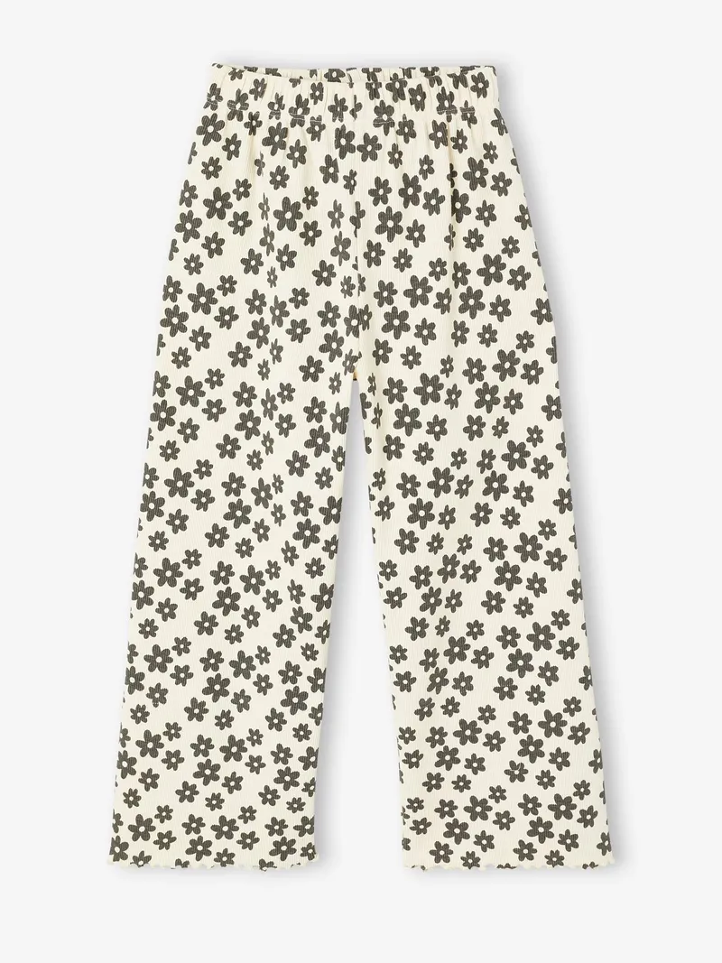 Vertbaudet Hose aus Rippjersey Mädchen, Wollweiß/blumen schwarz, – Produktbild 1 von 3