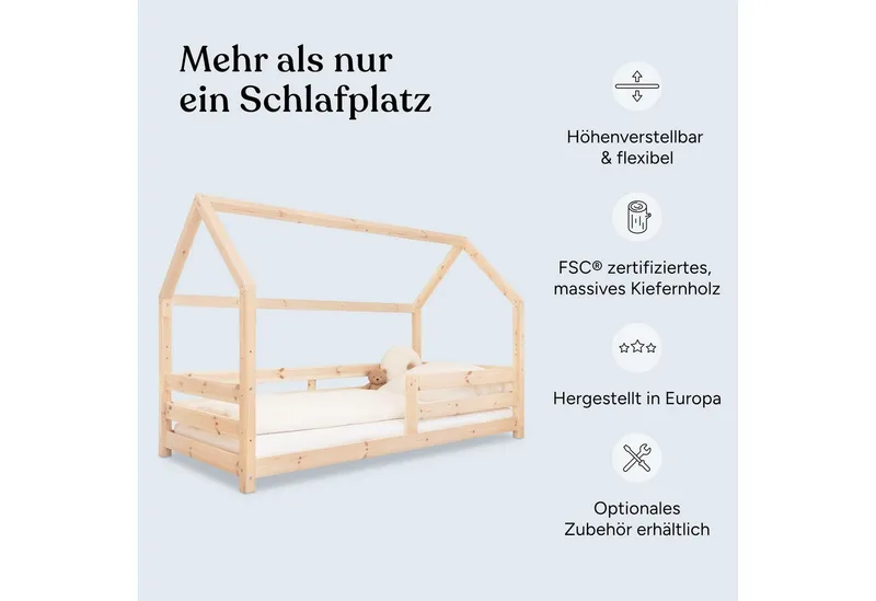 Ehrenkind Hausbett Sona aus FSC®-zertifiziertem Kiefernholz, höhenverstellbar (90x200 cm mit Doppelschublade, inkl. Rollrost und abnehmbarem Rausfallschutz), 2-in-1 Bett – bodentief oder in Standardhöhe aufbaubar, Weiß, – Produktbild 3 von 5
