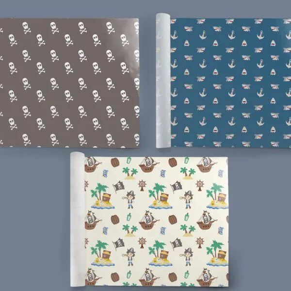 Fines Papeterie Fines Papeterie 3x 3m Geschenkpapier Set Piraten für Kinder Set 5 mit Piraten, Totenköpfen und Haien 3 Rollen je 300x47 cm – Produktbild 3 von 4