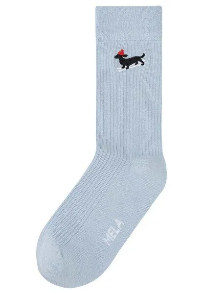 MELA MELA Gerippte Socken Stickerei 1 Paar aus 100% Bio-Baumwolle, Cloudy blue / dog ski, – Produktbild 2 von 3