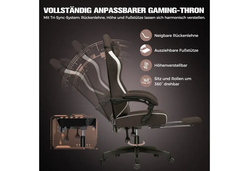 GTPLAYER Gaming-Stuhl Ergonomischer Gaming Sessel Schreibtischstuhl aus Stoff/Kunstleder (Packung), Federsitzkissen mit Fußstütze, Braun, – Produktbild 3 von 5