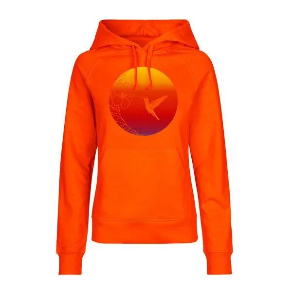 HANDGEDRUCKT HANDGEDRUCKT "Kolibri" Frauen HOODY aus reiner Biobaumwolle (kbA), Orange, – Produktbild 1 von 3