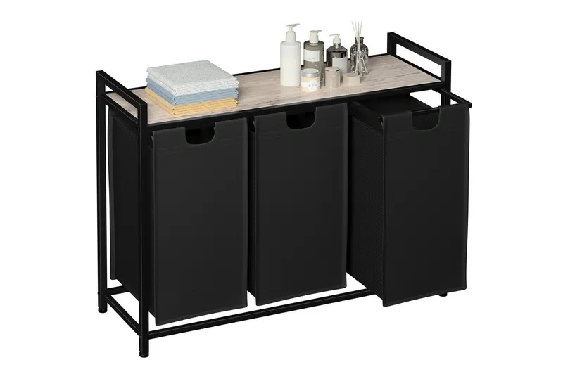 AMHANCIBLE Wäschekorb mit 3 Fächern & oberem Regal, Ausziehbar 3 x 38 Liter (1 St), Maße 92×30×72 cm, Grau, – Produktbild 1 von 4