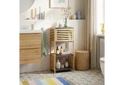 en.casa Badregal, »Kydesby« 83 x 39 x 30 cm 1 Tür 2 offene Fächer Bambus Natur/Grau – Produktbild 1 von 1