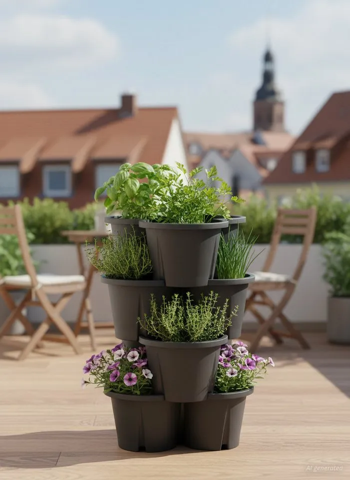 KHW KHW Pflanzkübel Pflanzturm Demeter (Set, 4 St), Vertikales Gärtnern auf kleinstem Raum, verschiedene Farben, Grau, – Produktbild 4 von 5