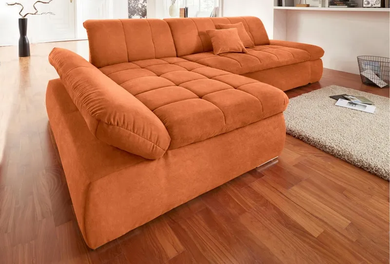 DOMO collection Ecksofa NMORIC XXL, 300x172x80cm, viel Platz, bequem, L-Form, wahlweise mit Bettfunktion und Armlehnverstellung, Orange, – Produktbild 7 von 8