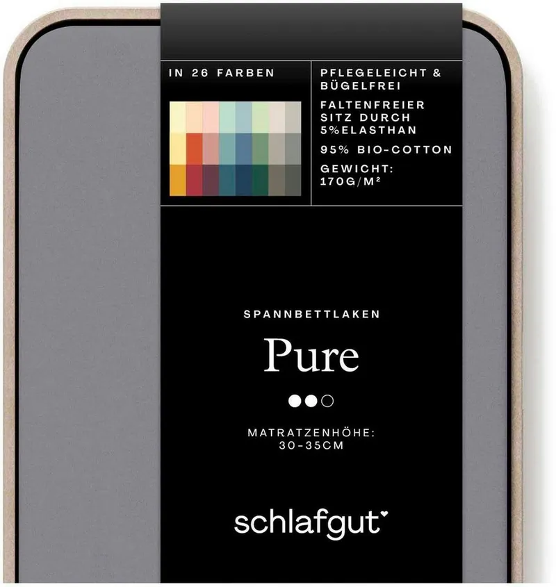 Schlafgut Schlafgut Spannbettlaken PURE Bio-Baumwolle mit Elasthan, 170 g/m², Bettlaken, Spannbetttuch, Jersey, Gummizug: rundum, (1 Stück), PREMIUM Laken für Matratzen bis 30cm Höhe, dehnbar blickdicht, straff, Grau, – Produktbild 5 von 5