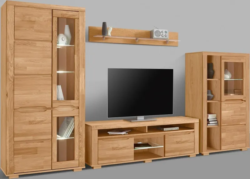 OTTO home Wohnwand Denis, (Set, 4-St), Breite: 340cm, 1Vitrine, 1Stauraumvitrine, 1 Lowboard und 1 Wandregal, Braun, – Produktbild 1 von 8
