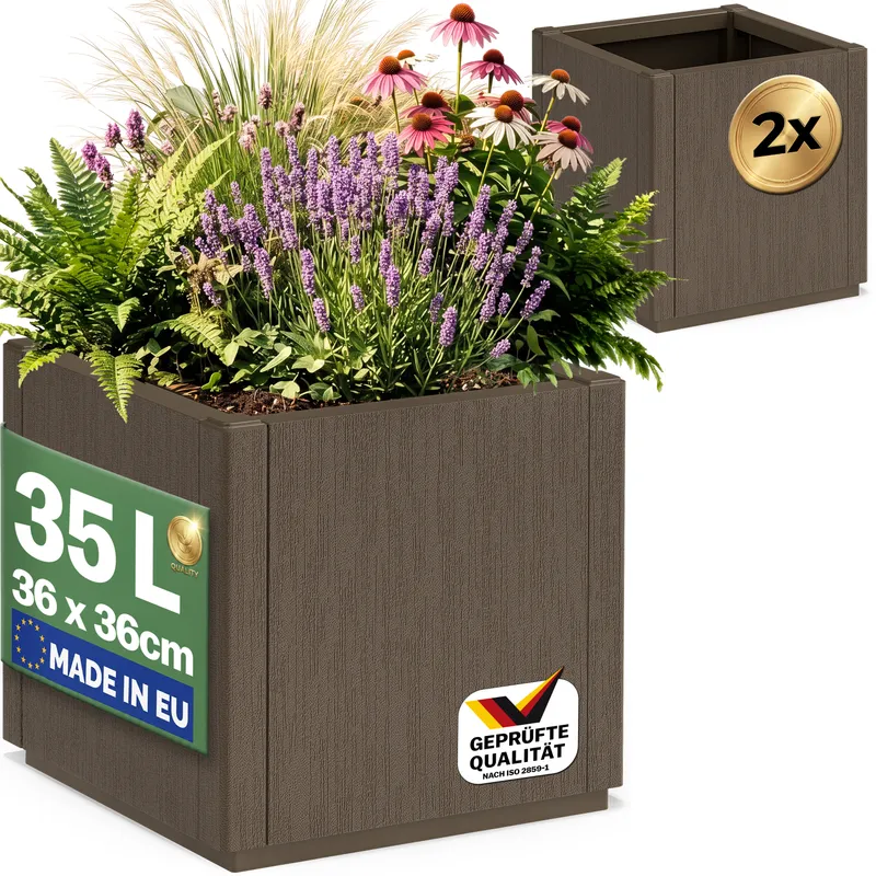 Casaria® Blumentopf Ethica 2er-Set Braun Kunststoff 36x36x35cm – Produktbild 1 von 2