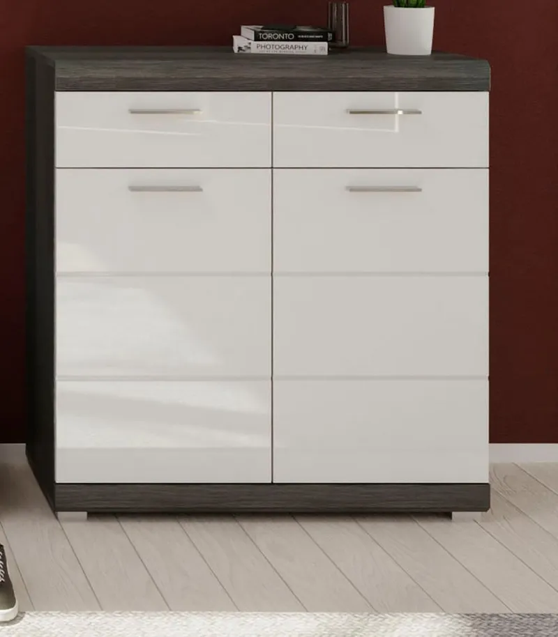 Home affaire Schuhschrank SIENA, Breite 90 cm, 2 Türen, 2 Einlegeböden, 3 Fächer, 2 Schubkästen (1-St., hochwertige Rillenfräsung in MDF Front) Schuhkommode, Kommode, Anrichte, Sideboard, Silberfarben, – Produktbild 3 von 8