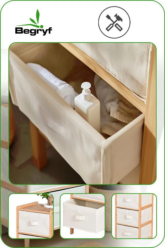 BEGRYF Badregal Bambusregal mit 3 Stoffschubladen Natur Beige 37 x 35 x 79 cm, Beige, – Produktbild 2 von 5