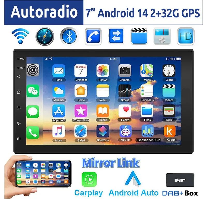 ESSGOO 7 Zoll Doppel 2 DIN Android 14 4+64G Autoradio (Digitalradio (DAB), FM, RDS, FM RDS Bluetooth EQ USB Apple Carplay Android Auto GPS Navi WIFI), Schwarz, – Produktbild 1 von 7