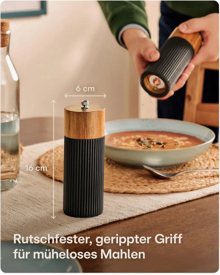 Praknu Salz- / Pfefferstreuer Salz & Pfeffermühle Set Akazien Holz – Edles Design & Keramikmahlwerk, (2er Set, 2-tlg), FSC-zertifiziert, Keramikmahlwerk, Stufenlos einstellbar, Langlebig, Schwarz, – Produktbild 5 von 5
