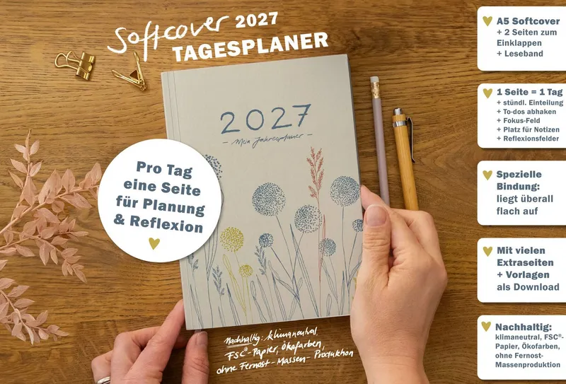 Eine der Guten Verlag Terminkalender Terminkalender Terminplaner 2027 - 365 gute Tage A5, Creme Blau, 1 Seite/ Tag, 408 S. FSC-Papier, Softcover, klimaneutral, Beige|blau|gelb|rot, – Produktbild 2 von 5
