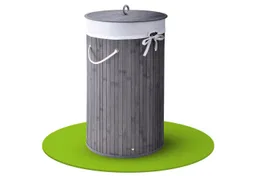 Juskys Wäschekorb Curly-Round 55 L in Grau aus Bambus mit Deckel & Wäschesack, Wäschesammler für 2 Personen, schmal mit Ø 35 x 60 cm & Kordelgriffen – Produktbild 1 von 1
