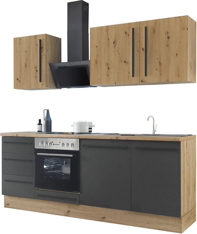 KOCHSTATION Küchenzeile KS-Florida mit 38mm starker Arbeitsplatte, Breite 220 cm, wahlweise mit E-Geräten, Soft-Close-Funktion, Schwarz, – Produktbild 4 von 5