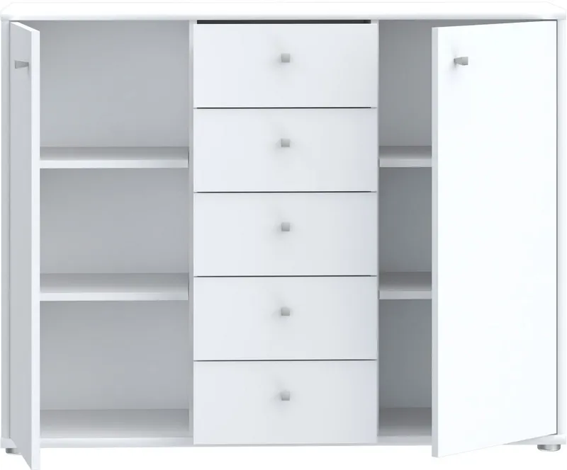 FORTE Kommode Tempra, Kommode, 2 Türen, 5 Schubkästen, viel Stauraum, Breite 108,8 cm, Weiß, – Produktbild 4 von 5