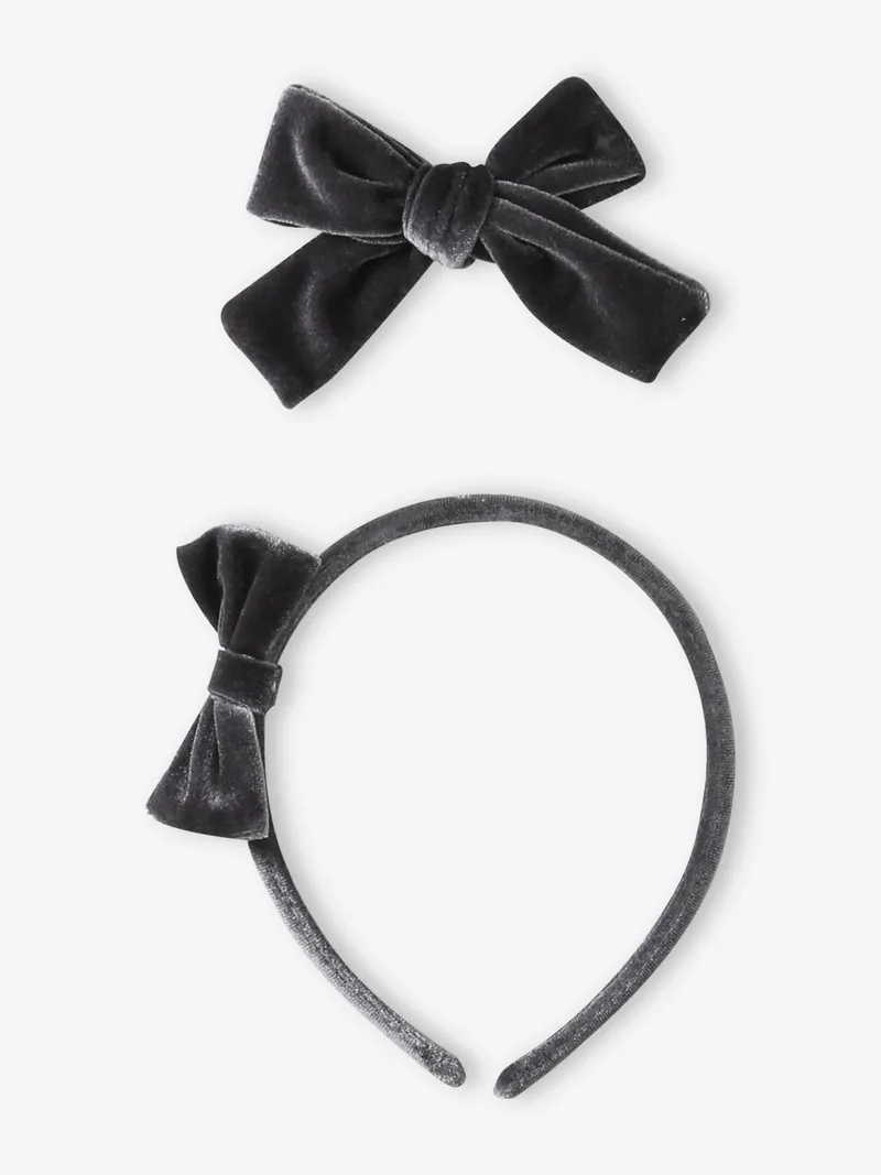 Vertbaudet Mädchen Accessoires: Haarreif & Haarspange aus Samt, Anthrazit, – Produktbild 2 von 4