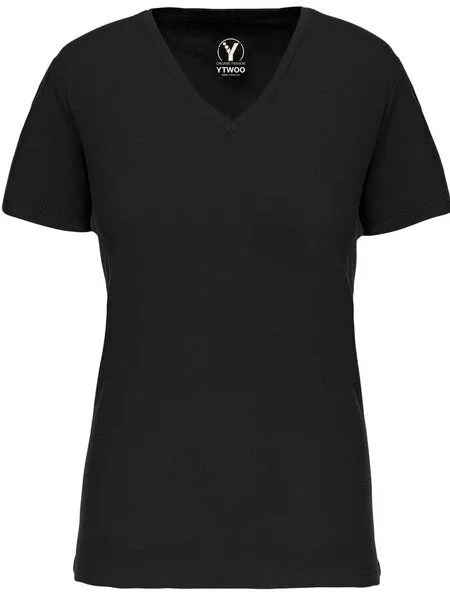 YTWOO YTWOO Basic Damen T-Shirt mit V-Ausschnitt aus Bio-Baumwolle in Conversion, Schwarz, – Produktbild 2 von 2