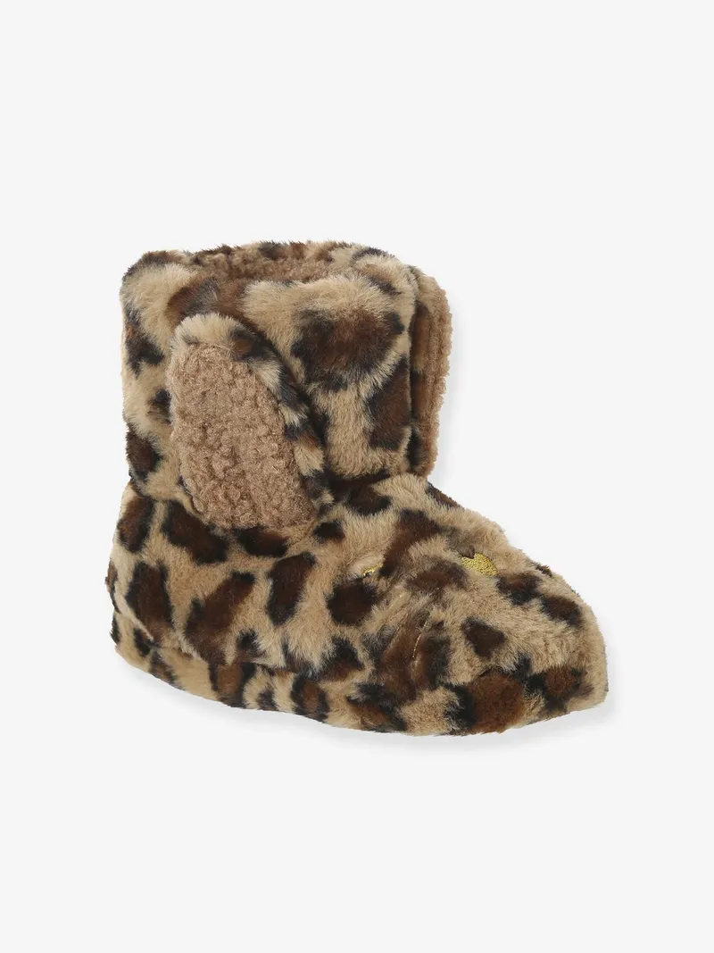 Vertbaudet Hohe Mädchen Plüsch-Hausschuhe leo, Beige leo, – Produktbild 1 von 4