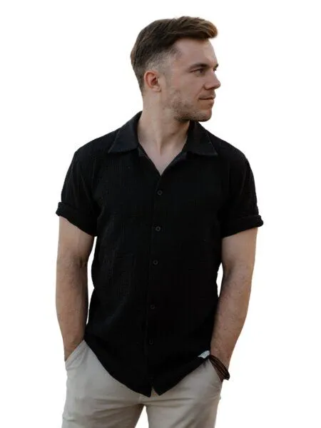 Hutch&Putch Hutch&Putch Kurzarm Musselin Herrenhemd - Business Casual Freizeit - aus 100% Bio-Baumwolle, Schwarz, – Produktbild 1 von 4