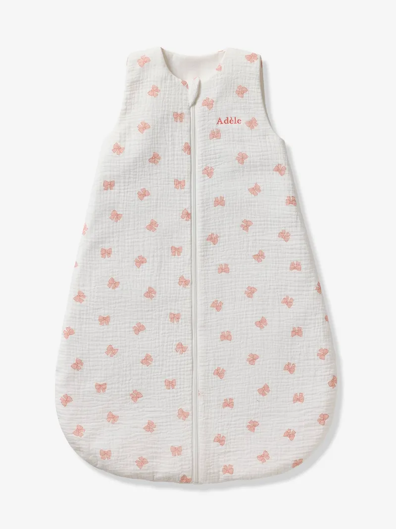 Vertbaudet Baby Sommerschlafsack aus Musselin SCHLEIFE ärmellos TOG 1 personalisierbar, Weiß bedruckt, – Produktbild 2 von 3