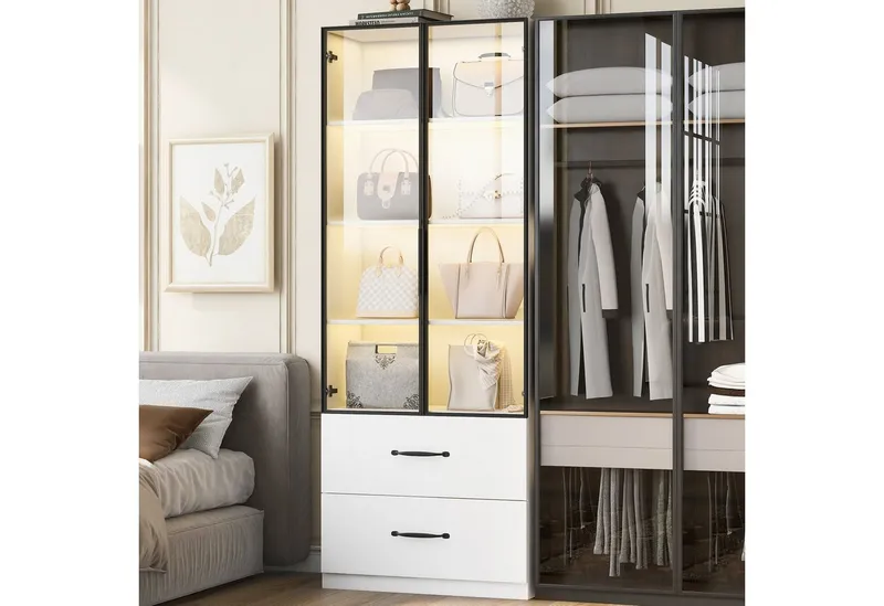 Merax Glasvitrine mit LED-Beleuchtung (60x40x160cm, 1-St., für Wohnzimmer Schlafzimmer) Vitrine mit 2 Schubladen, Hochschrank Stehend Vitrinenschrank, Weiß, – Produktbild 2 von 4
