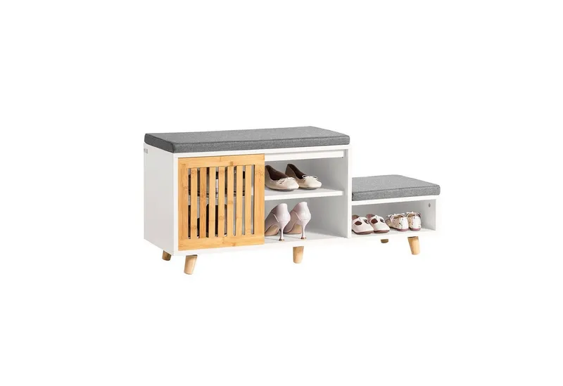 SoBuy Schuhbank FSR125, mit 2 Sitzflächen und 1 Schiebetür Sitzbank mit Stauraum, Weiß, – Produktbild 1 von 4