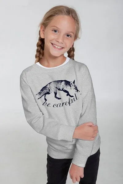 Peaces.bio - handbedruckte Biomode Peaces.bio - handbedruckte Biomode Bio-Kindersweatshirt "Be Careful", Hellgrau, – Produktbild 1 von 1