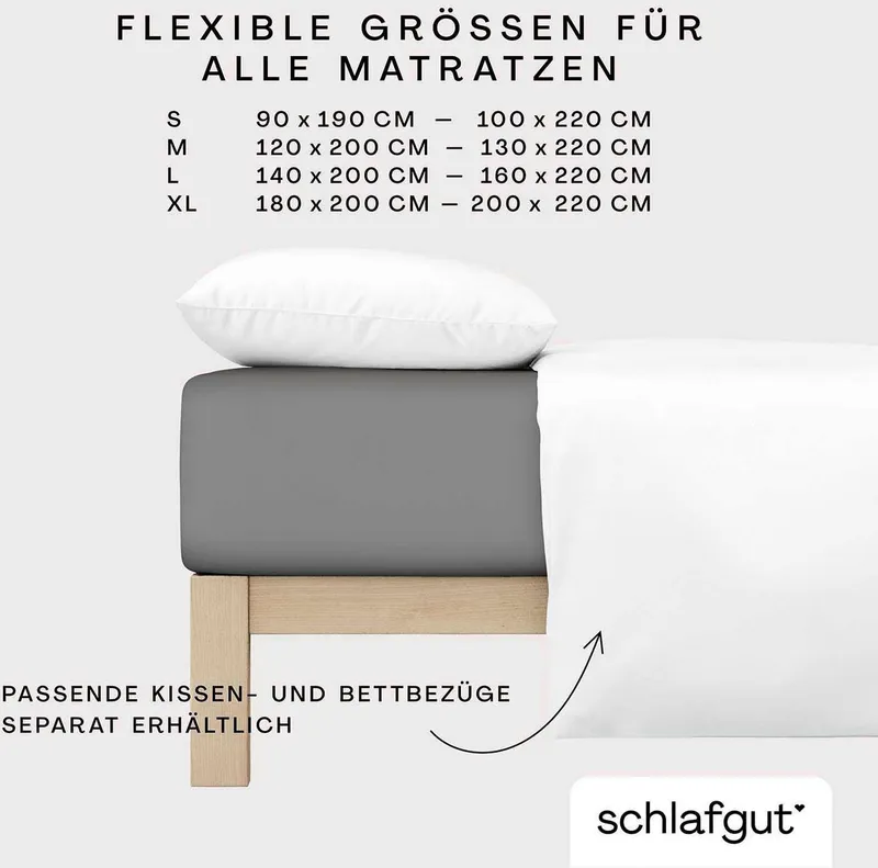 Schlafgut Schlafgut Spannbettlaken PREMIUM Mako-Zwirn-Jersey, 220 g/m², 95% Bio-Baumwolle, 5% Elasthan, Mako-Zwirn-Jersey, Gummizug: rundum, (1 Stück), Bettlaken bis 30 cm Höhe, PREMIUM-Qualität langlebig, perfekter Sitz, Grau, – Produktbild 1 von 5