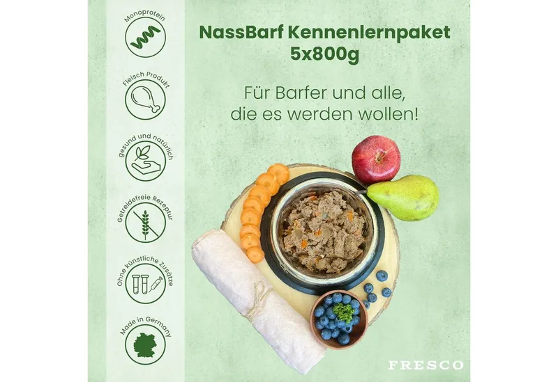 Fresco Dog NassBarf PROBIERPAKET Hundefutter Nass 5 x 400g, Nassfutter für: Hunde, Getreidefrei mit Huhn, Rind, Pferd, Lamm und Pute – Produktbild 1 von 6