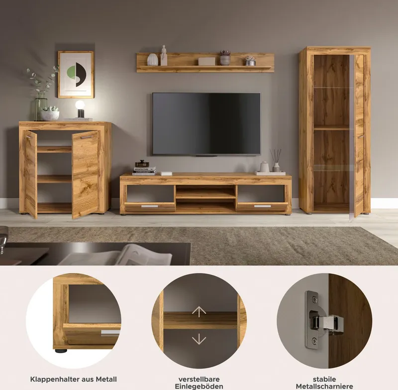 OTTO home Wohnwand AOSTA, Breite 330cm, 4-teilige Wohn-Kombination, (4-St., bestehend aus: Highboard, Lowboard, Wandboard, Vitrine), Wohnwand, Kombination, Anbauwand, Möbel Set, Schrankwand, Möbel Kombi, Braun, – Produktbild 4 von 5
