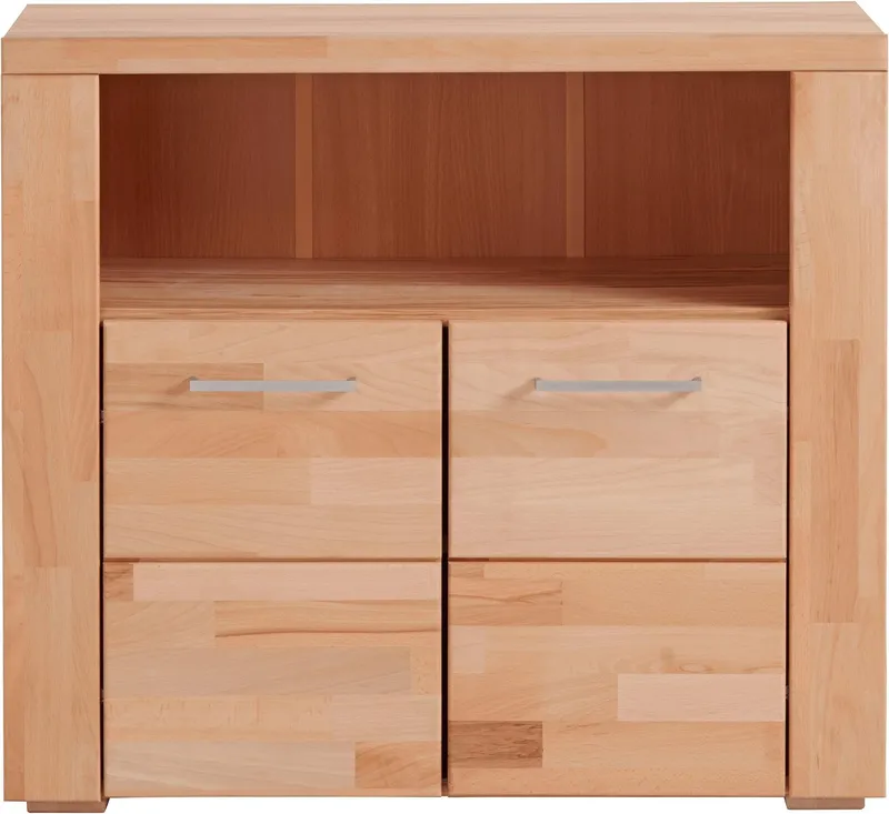 OTTO home Kommode Celle, 90cm breit, 35cm tief, Fronten Massivholz, Holz massiv, Holzwerkstoff, Metall Griffe,3 breite Fächer, Braun, – Produktbild 4 von 8