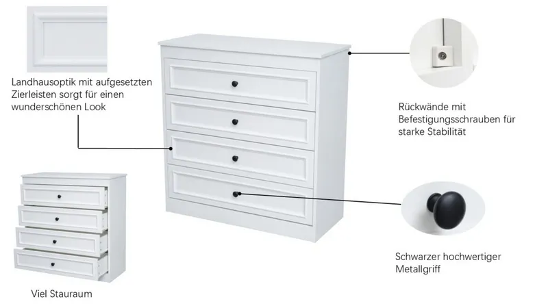 OTTO home Schubkastenkommode Arrian Landhaus Kommode Weiß, Schubladenkommode (mit 4 Schubladen für Schlafzimmer und Flur, FSC Zertifiziert), Vielseitig als Schlafzimmer- oder Flurkommode nutzbar, Weiß, – Produktbild 4 von 5