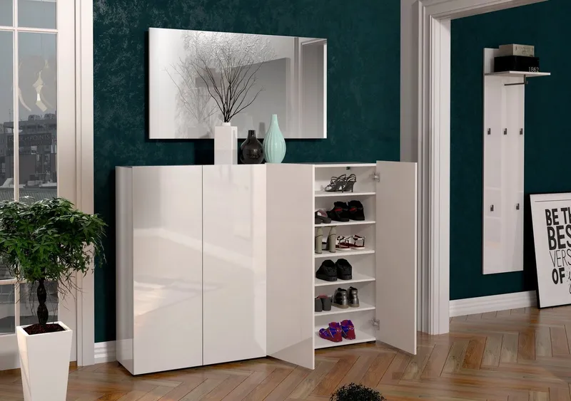 Home affaire Schuhschrank MISTER- Schuhregal, Made in Italy, 12 Fächer, 10 Einlegeböden (160x34x114 cm) Hochglanz Lackierung, 4 Türen, mit Platz für ca. 36 paar Schuhe, Weiß, – Produktbild 5 von 5
