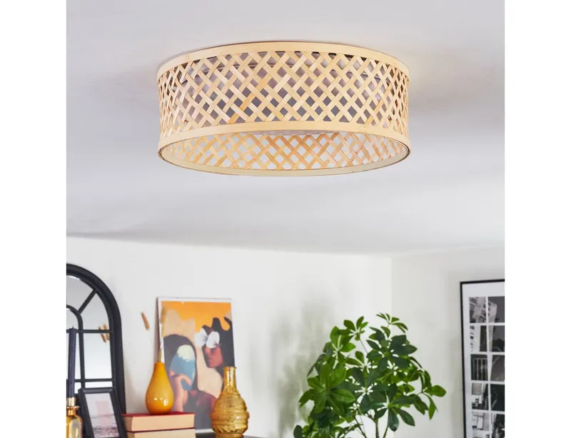 hofstein Deckenleuchte Deckenlampe aus Metall/Bambus/Kunststoff in Weiß/Natur im Boho-Design, ohne Leuchtmittel, moderne Deckenleuchte, dimmbar über Wandschalter, 16 Watt, 2000 Lumen, Beige, – Produktbild 5 von 5