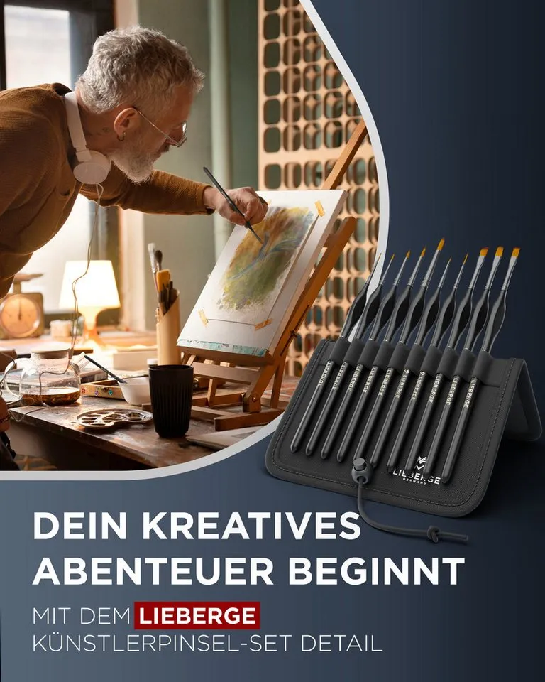 LIEBERGE Malpinsel Premium Set – 10 Detailpinsel für Acryl, Aquarell, inkl. Präsenter, (Set, 10 St., Pinselpräsenter, Flachpinsel, Fächerpinsel, Rundpinsel, Schrägpinsel), Synthetikhaar, vegan, langlabig, hohe Farbaufnahme, Anfänger, Profis, Schwarz, – Produktbild 2 von 5