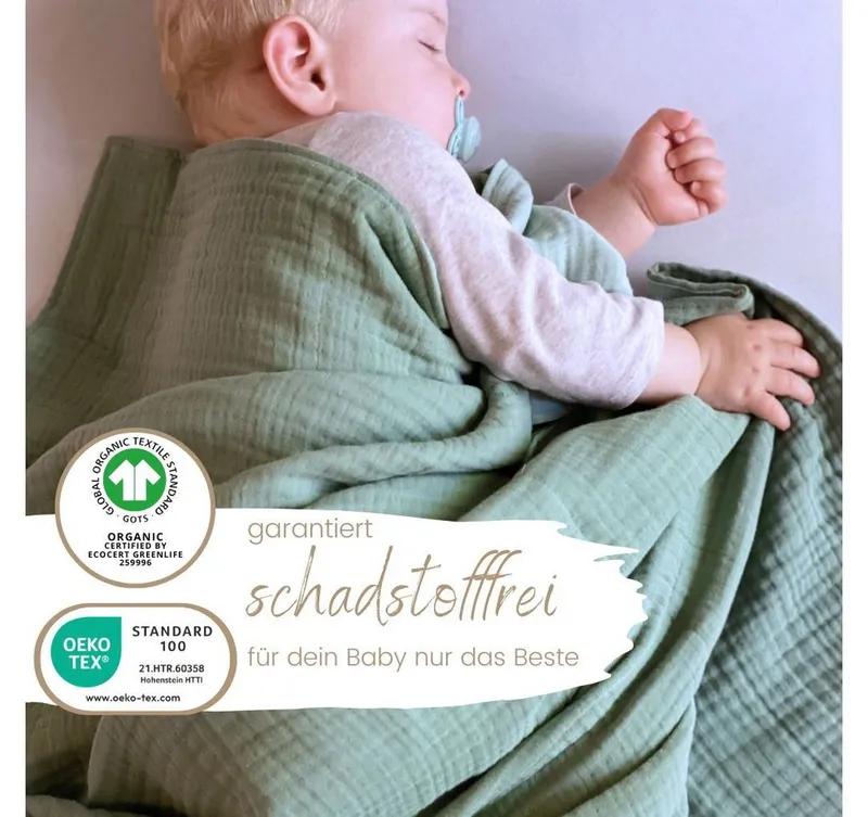 Babydecke Musselin Babydecke 6-lagig gekreppt, 100% GOTs Bio-Baumwolle, DIKOS, PREMIUM Qualität, 70x100 cm, atmungsaktiv, nachhaltig, kuschelweich, Mint, – Produktbild 3 von 5