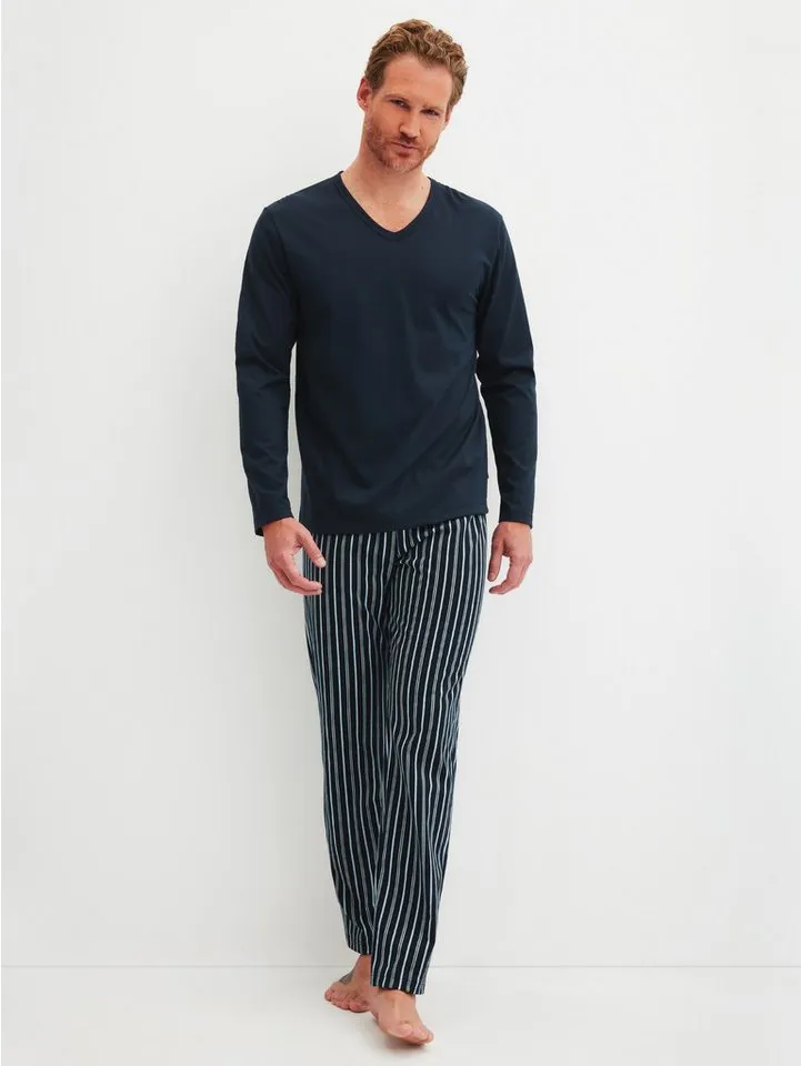 CALIDA CALIDA Schlafanzug Cotton Special (2 tlg) Langarm, V-Ausschnitt, Comfort Fit, lange Hose, Blau, – Produktbild 1 von 5