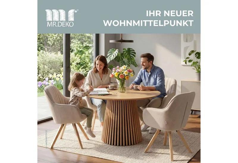 MR.DEKO Esszimmer-Set Essgruppe 4x Stuhl Matera beige & Tisch Oria Eiche 120x75 cm FSC®100%, (5-St., 5-teiliges Esszimmer-Set mit Polstersesseln & Holztisch), Essgruppe 4 Personen, Esstisch rund 120 cm, Stühle drehbar, Beige|braun, – Produktbild 2 von 5