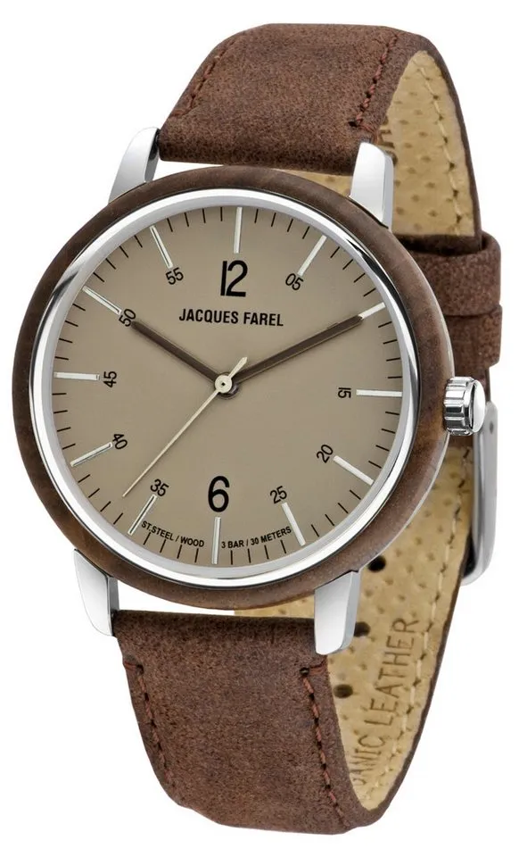 Jacques Farel Quarzuhr ORW1002 Damen Armbanduhr Stahlgehäuse Holzring Lederband 3 bar, Analog Dunkelbraun Grau Holzuhr Geschenk Frauen Ø38 mm – Produktbild 1 von 3