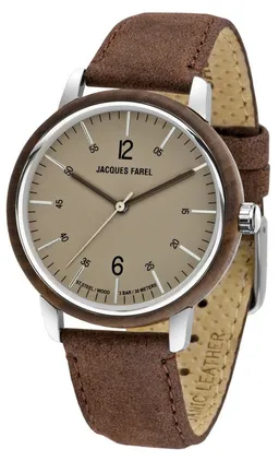 Jacques Farel Quarzuhr ORW1002 Damen Armbanduhr Stahlgehäuse Holzring Lederband 3 bar, Analog Dunkelbraun Grau Holzuhr Geschenk Frauen Ø38 mm – Produktbild 1 von 1
