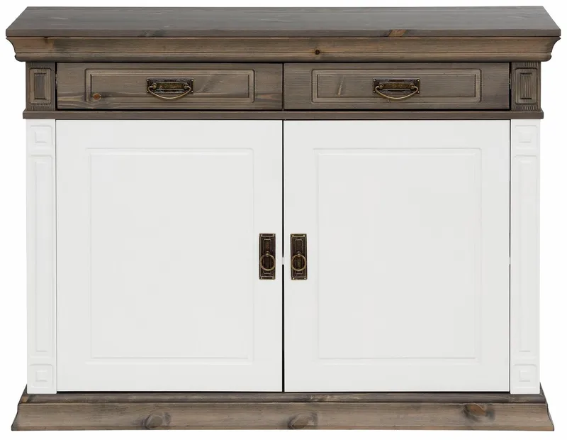 OTTO home Kommode Vinales, mit 2 Schubläden, 2 Türen und Messinggriffe im Jugendstil, Messinggriffe im Jugendstil, mit Zierleisten und elegantem Sockel, Weiß, – Produktbild 5 von 5