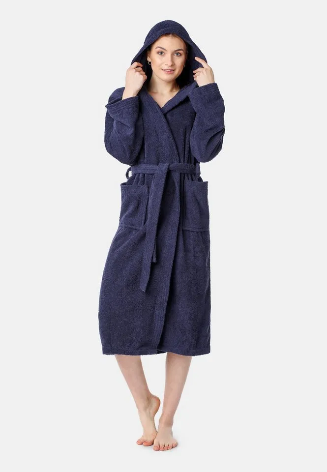 Ladeheid Bademantel Damen Frottee Bademantel aus 100% Bio- Baumwolle LA40-225, Langform, Baumwolle, Kapuze, Blau, – Produktbild 4 von 5