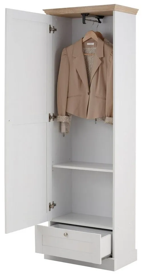OTTO home Garderobenschrank Binz Flurschrank mit 1 Tür, 1 Schublade und ausziehbare Kleiderstange 1 verstellbarer Einlegebode, Metallknopfgriffe, Höhe 180 cm, Weiß, – Produktbild 5 von 7